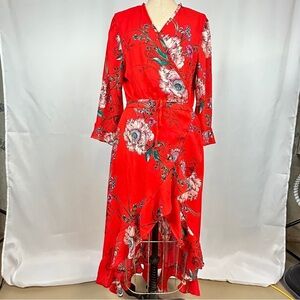 Fashion Nova Red Floral Wrap Midi Long Sleeve Dress Size XL